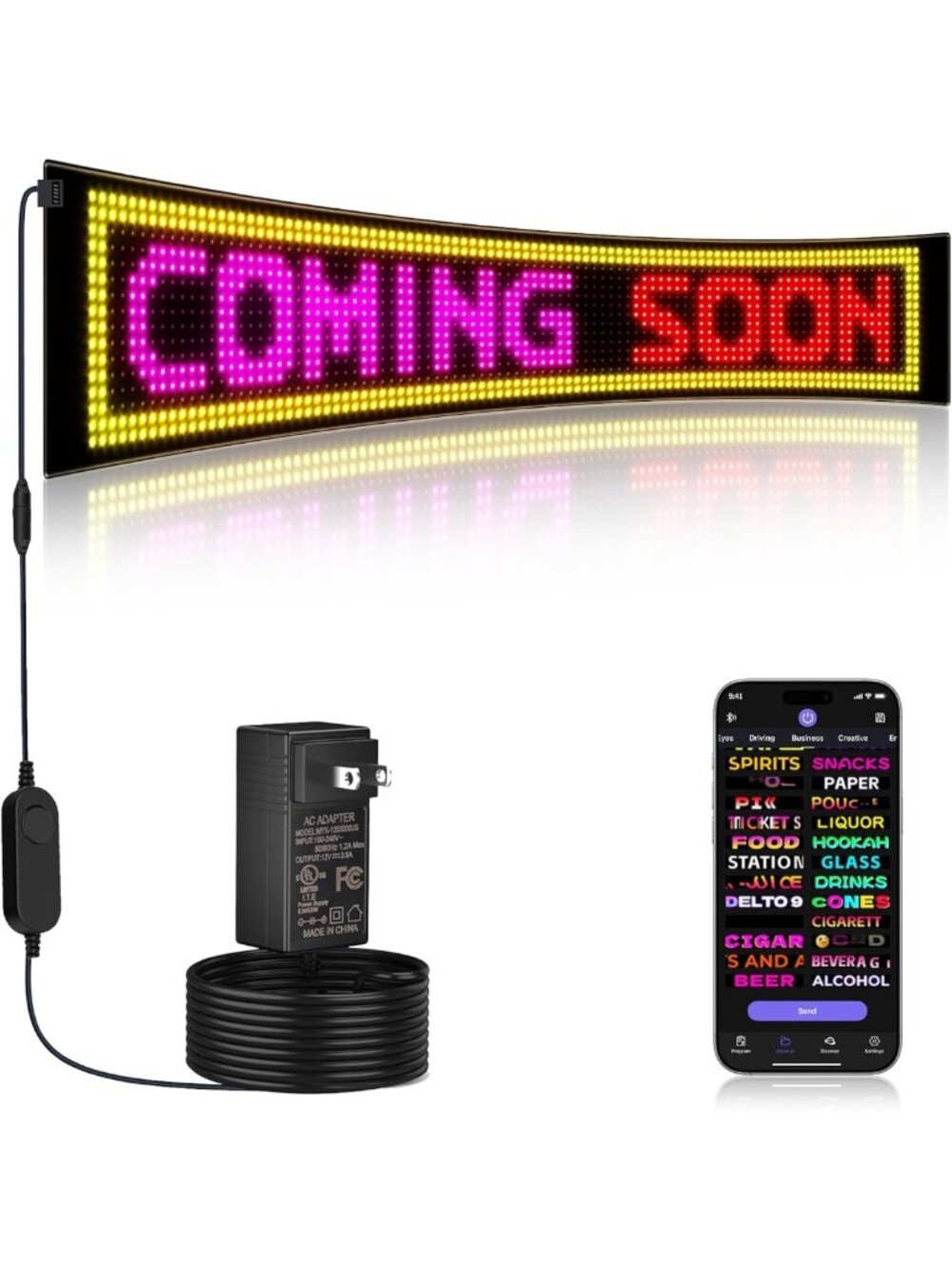 Large Bright LED Store Sign 37''x8'' - Bluetooth Control, Custom Text